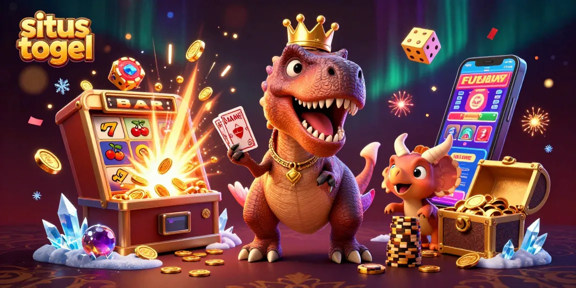 Engage in situs togel excitement with cheerful dinosaur characters amidst vibrant casino elements.