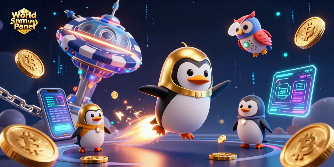 Boost your social media presence with World Smm Panel's vibrant 3D illustration featuring a golden penguin.