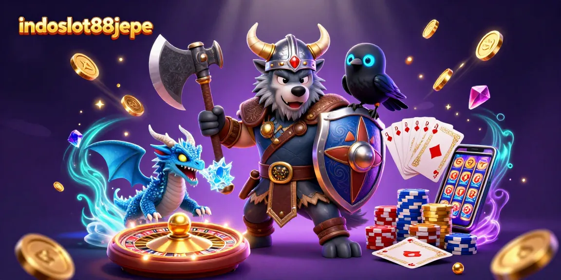 Engage with indoslot88jepe’s vibrant 3D illustration featuring a Viking wolf warrior amidst cascading slot game elements.
