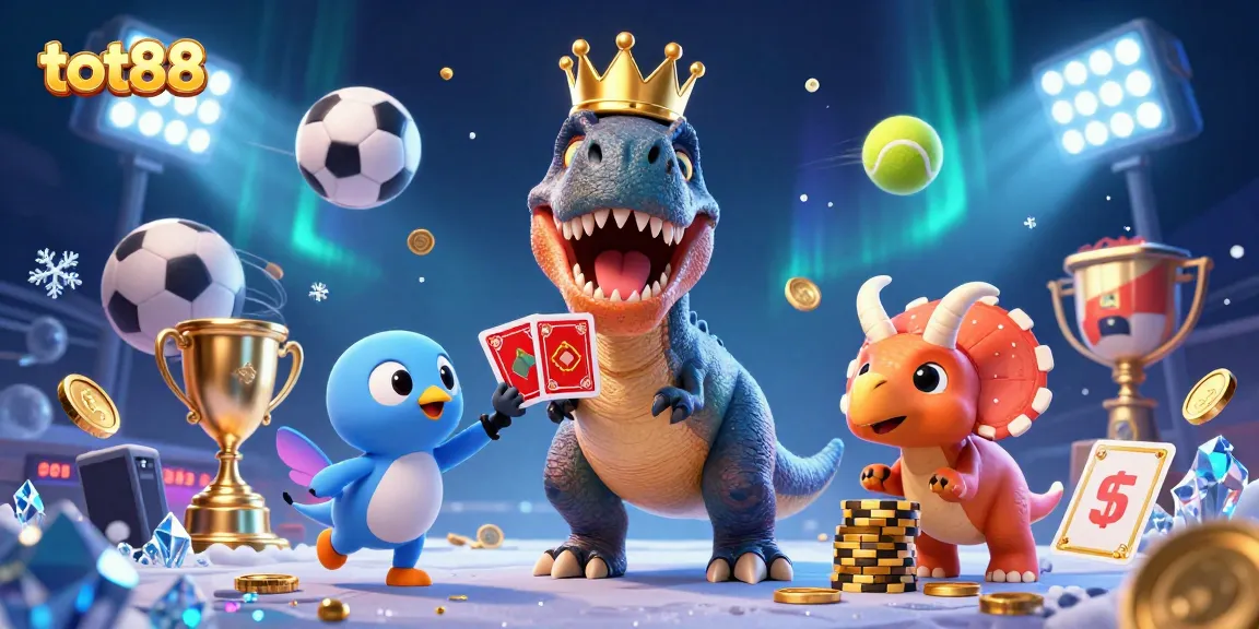 Experience thrilling action with tot88 in a vibrant 3D casino scene featuring dinosaurs and sports elements.