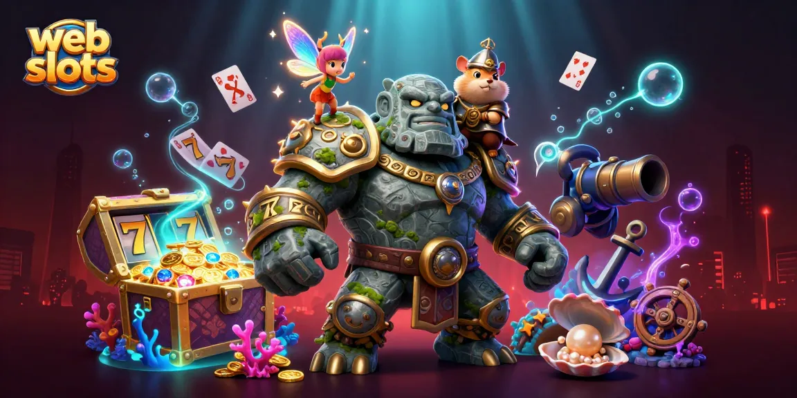 Experience web slots adventure featuring a golem guardian, fairy magic, and treasure amidst glowing elements.