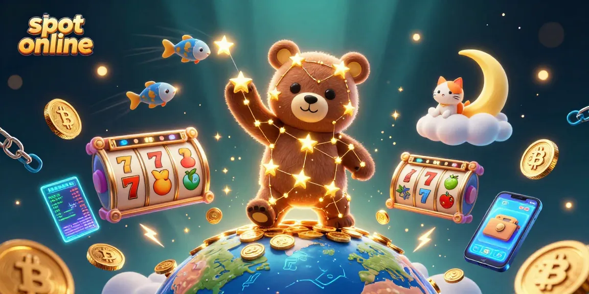 Spin with excitement at slot online as the bear collects coins and a crescent cat watches on.