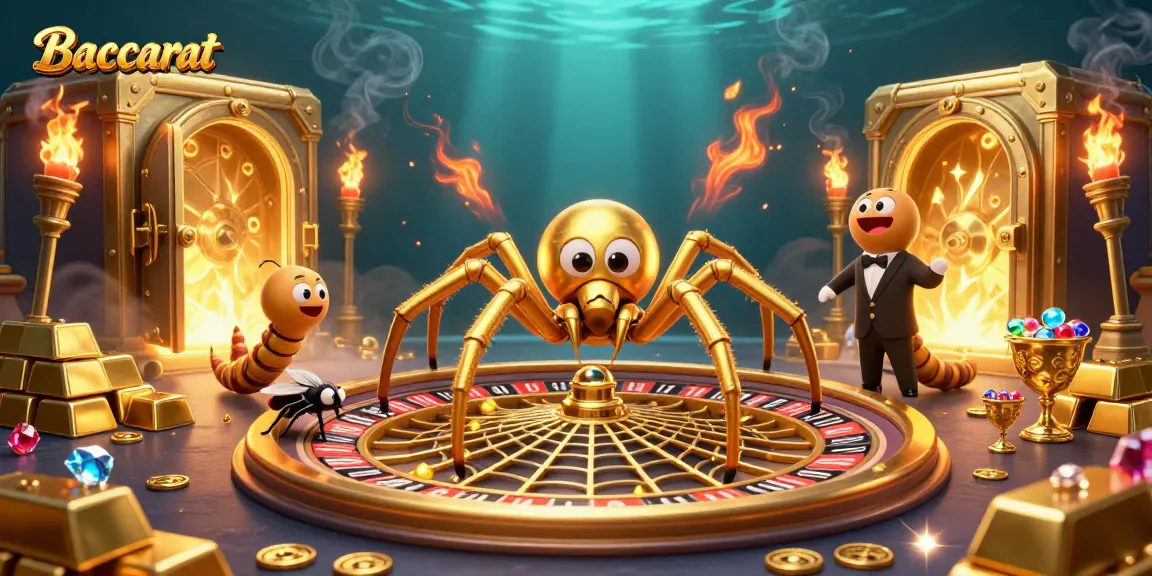 Baccarat game scene with a golden spider, a nervous fly making bets, and a centipede dealer amid treasures.