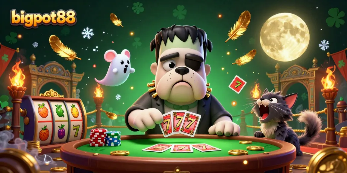 Join bigpot88 as the Frankenstein bulldog masterfully deals cards at a lively casino inspired scene.