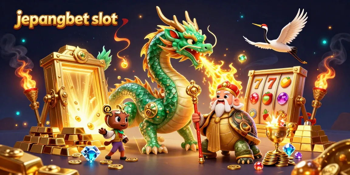 Experience the excitement of jepangbet slot with a vibrant scene showcasing a jade dragon, fortune, and treasure.