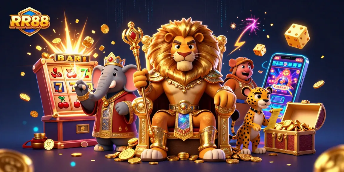 Experience thrilling games and bonuses at RR88; vibrant 3D casino scene with lion king and exciting elements.